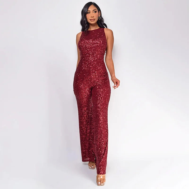 Elegant Silver Sequined Straight Cut Jumpsuit for Women
