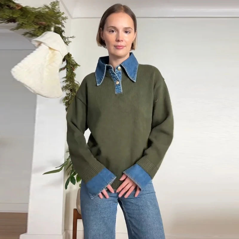 Long Sleeve Denim Collar Half Button Knit Top For Women