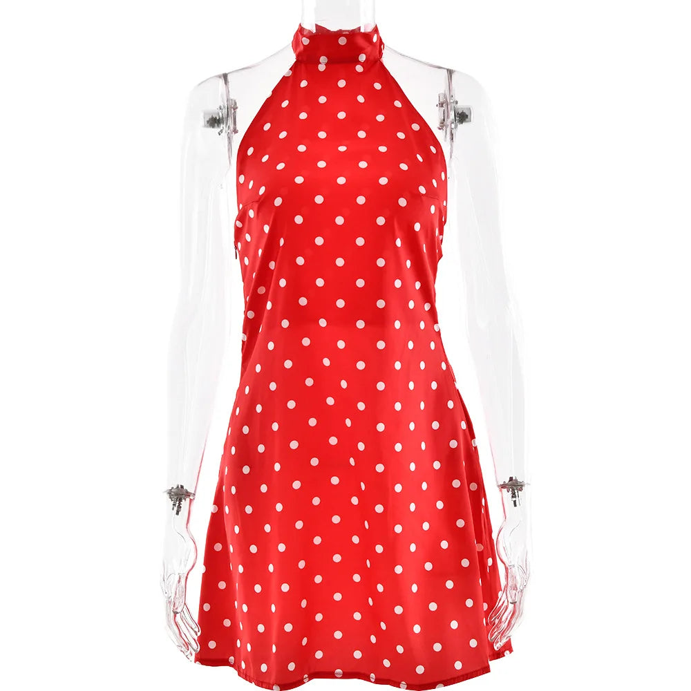 Elegant Dot Halter Satin Backless Mini Dress for Women