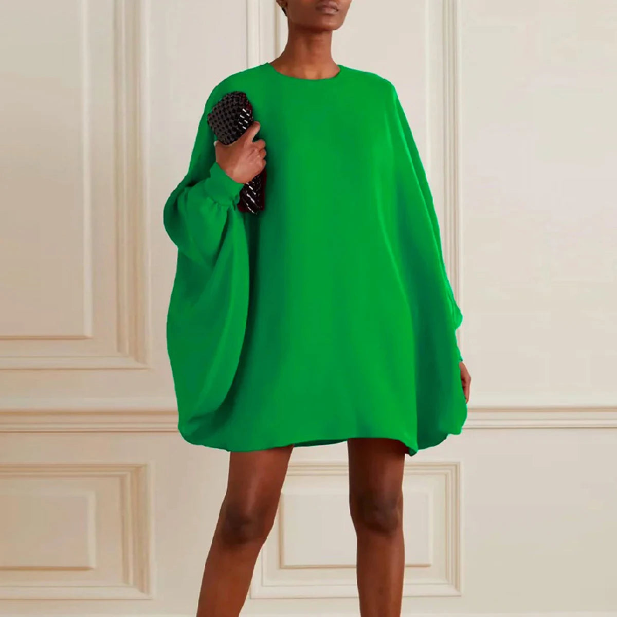 UOOZEE Women Fashion Simple Solid Color Round-Neck Mini Dresses 2025 New Spring Summer Batwing Sleeves Casual Short Dress