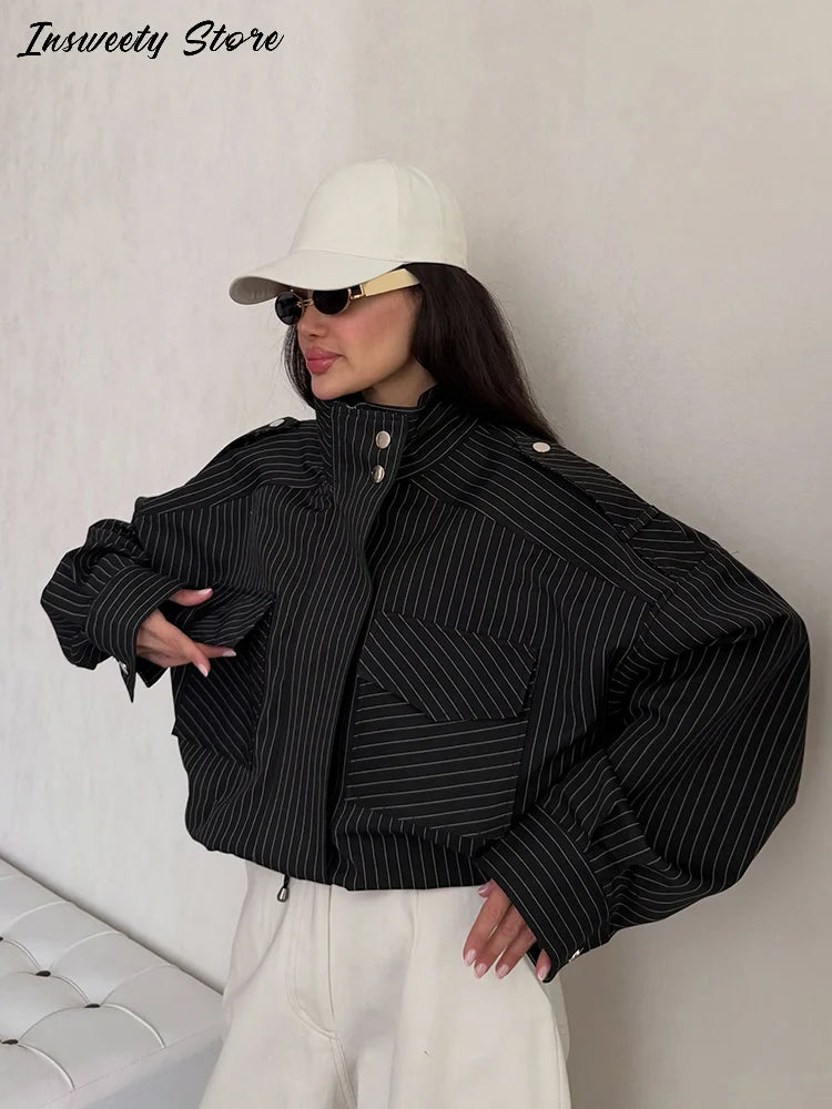 Casual Cropped Jacket With Stand Collar and Drawstring Hem for Women