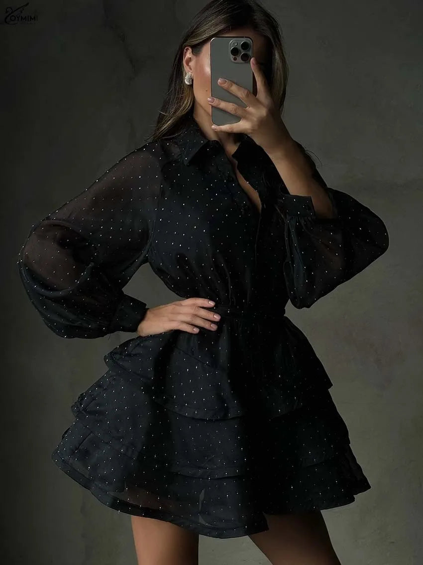 Oymimi Fashion Black Rhinestone Women's Dress Casual Lapel Long Sleeve Button Dresses Elegant New Lace-Up Pleated Mini Dresses