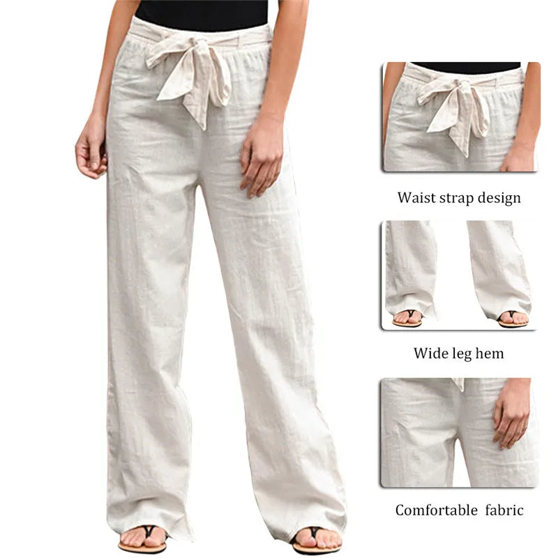 Linen Cotton Elastic Waist Ankle Length Pants for Women