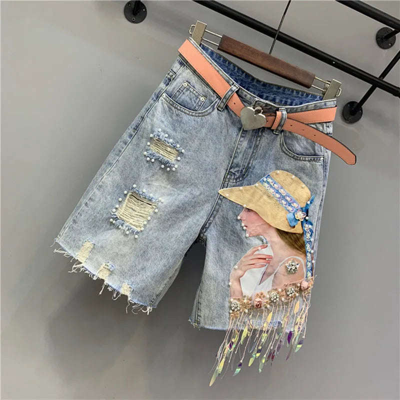 Tassel Bead Embellished Denim Shorts