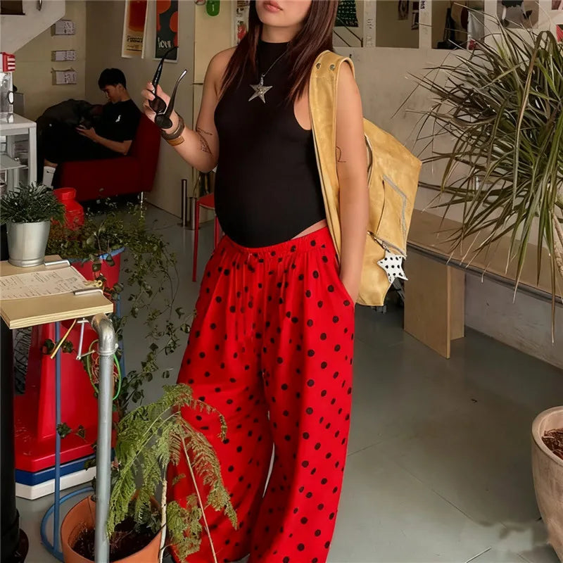 Retro Polka Dot Wide Leg Casual Trousers for Women