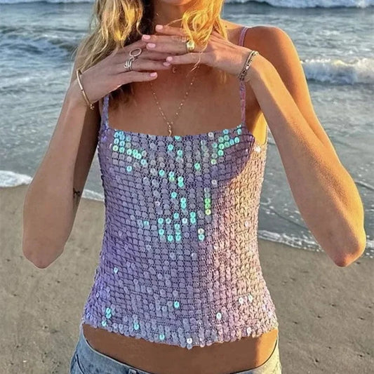 hirigin Sequin Crochet Crop Tops Women Summer Beach Knitted Smocked Camis Sparkly Glitter Backless Cover-up Crop Tops Vest