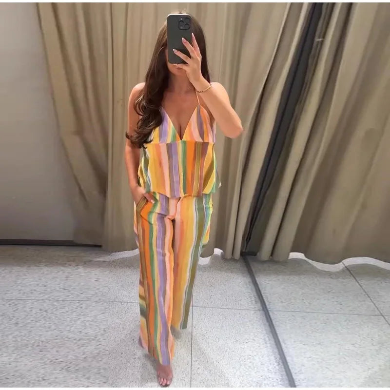 Cotton Striped High Waist Two Piece Summer Set For Women