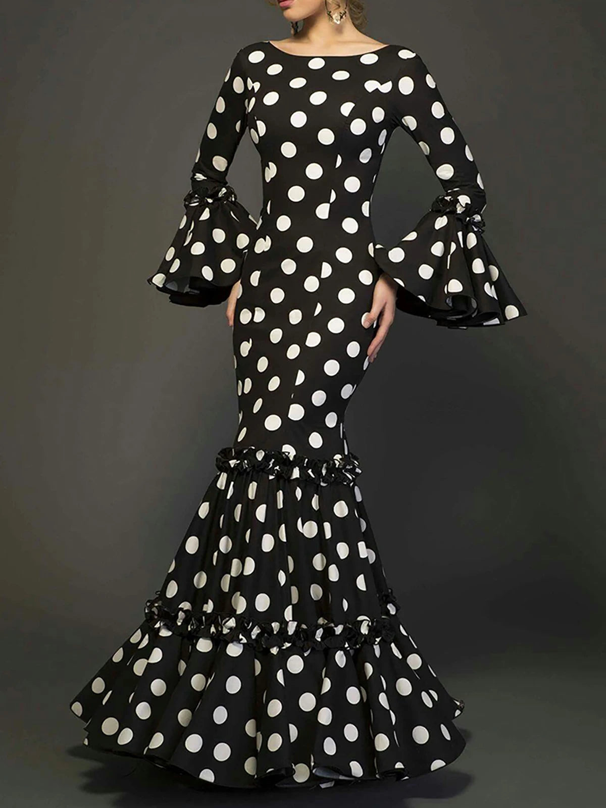 Elegant Polka Dot Ruffle Tiered Evening Dress For Women