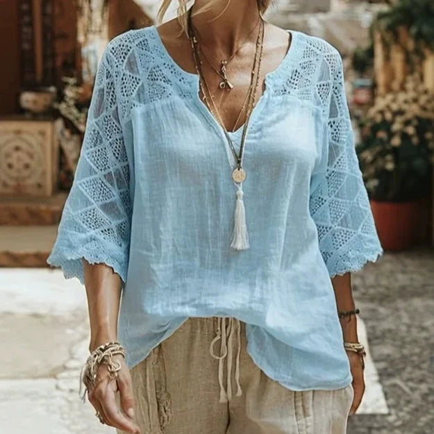 V-Neck Solid Three-Quarter Sleeve Loose Casual Tee for Women