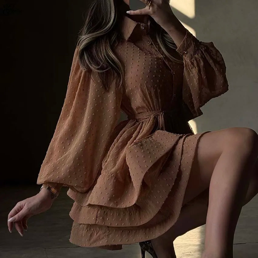 Oymimi Elegant Red Lapel Dresses 2025 Woman Casual Long Sleeve Single Breasted Dresses Fashion High Waisted Ruffled Mini Dress