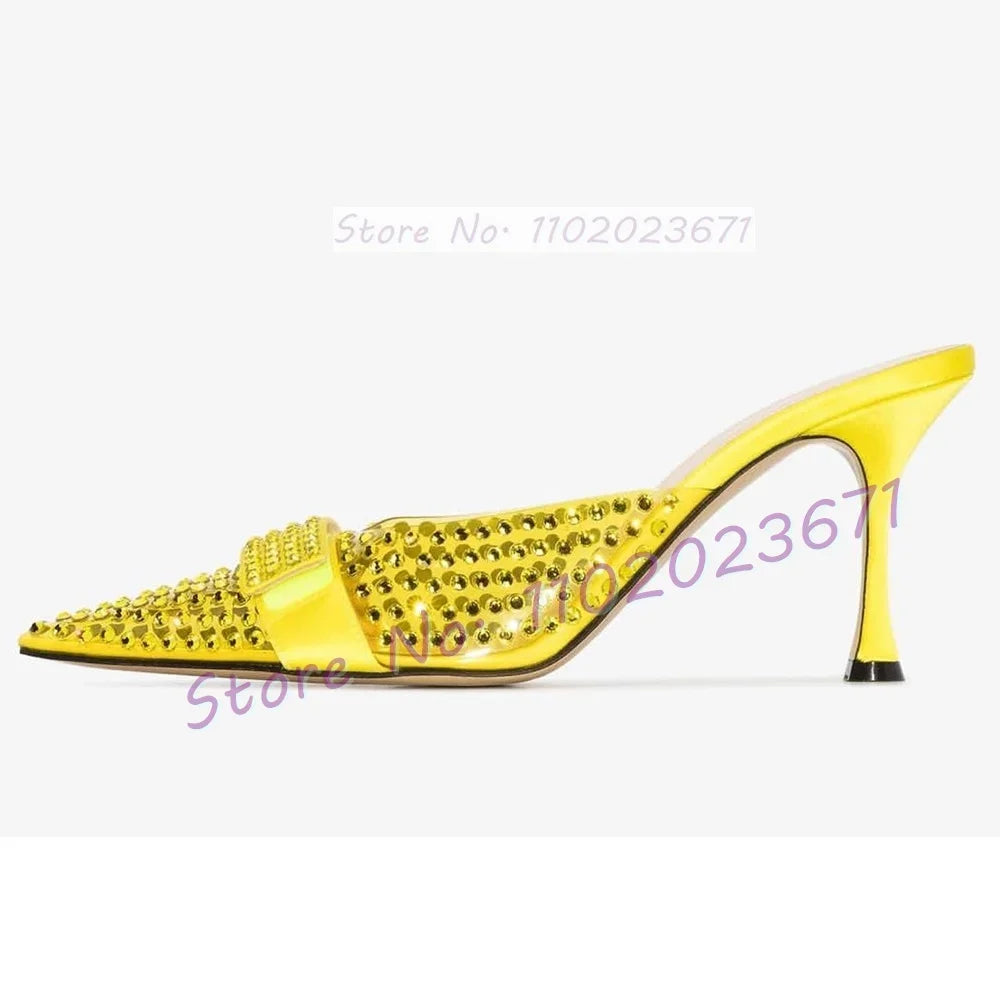 Full Rhinestones Satin Point Toe Slippers Women Sweet Solid Heels Knotted Slippers Elegant Shiny Crystal Custom Color Shoes