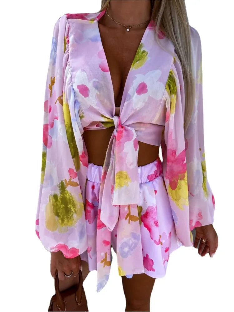Lace-Up Lantern Sleeve Deep-V-Neck Chiffon Two-Piece Set for Women