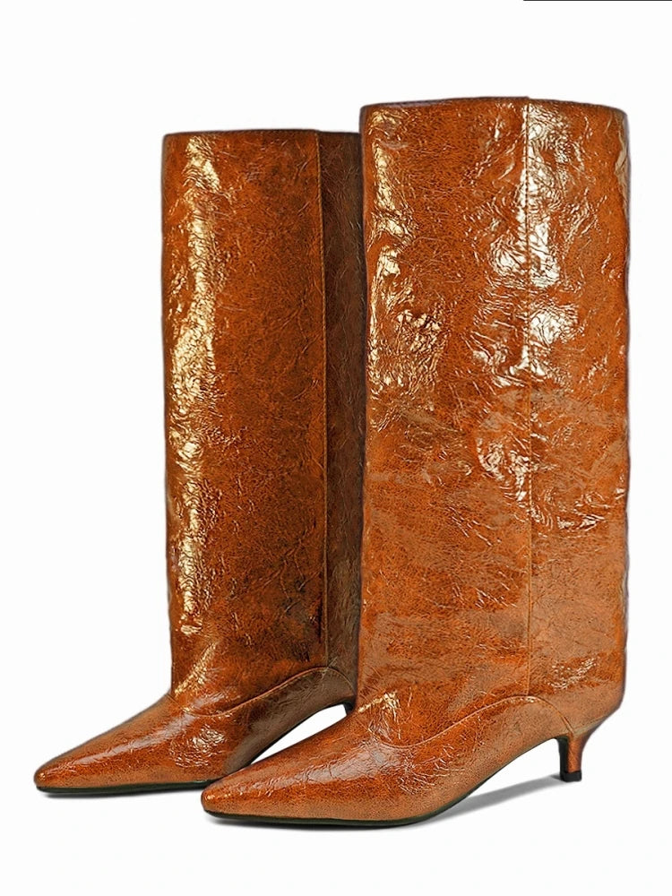 Crocodile Print Wide Shaft Kitten Heel Knee High Boots for Women