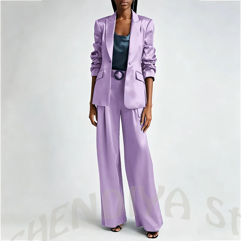 Women's Two Pieces Set Satin Peaked Lapel Elegant Fashion Single Button Straight Professional Tailor-Made Jacket with Pants