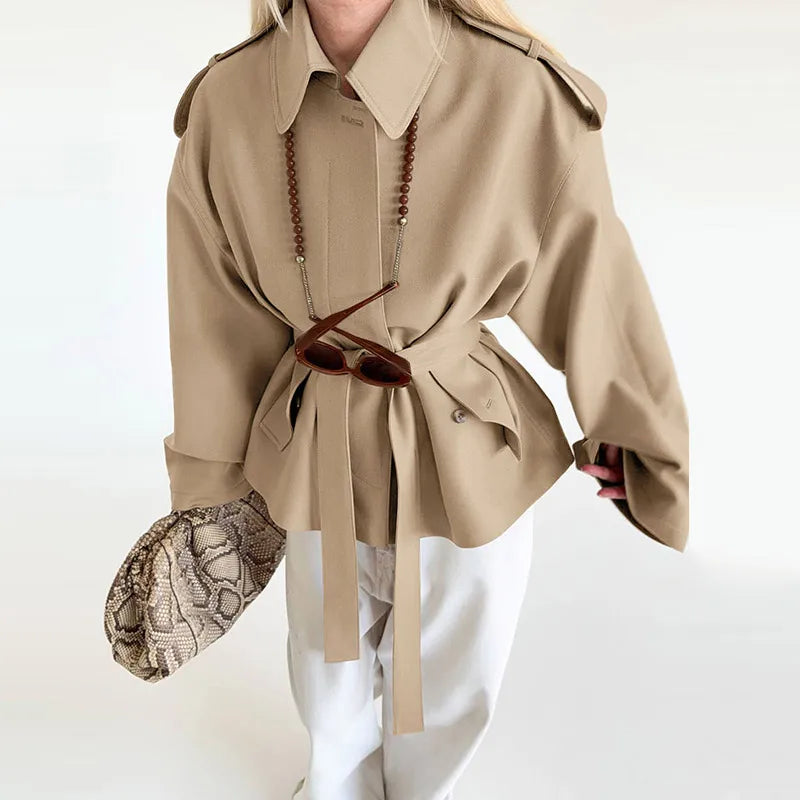 Elegant Belted Vintage Style With Stand Collar Coat for Women