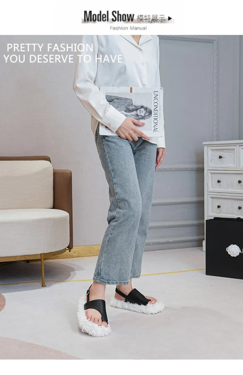 Cozy Plush Buckle Strap Flat Toe Slippers for Women