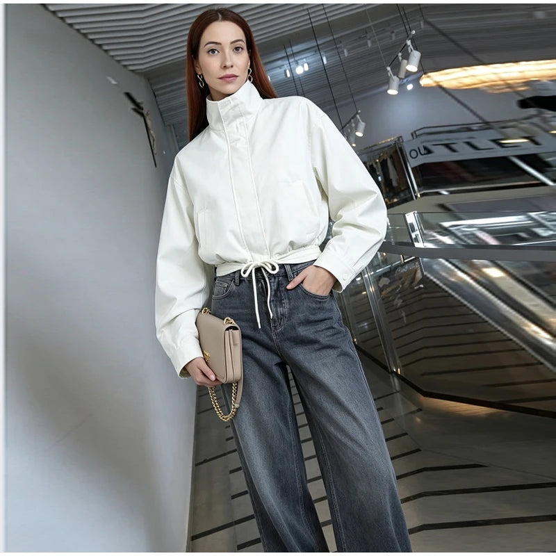 Casual Solid Jacket With Stand Collar And Pockets for Women