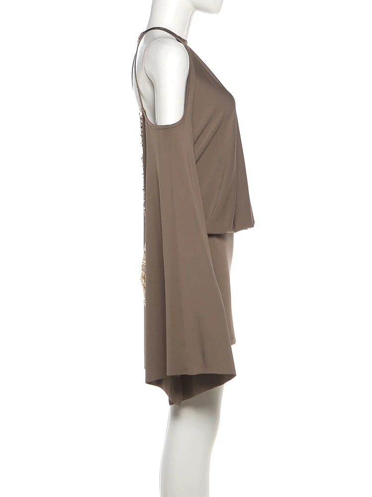 Metal Chain Backless Halter Batwing Collar Dress for Women