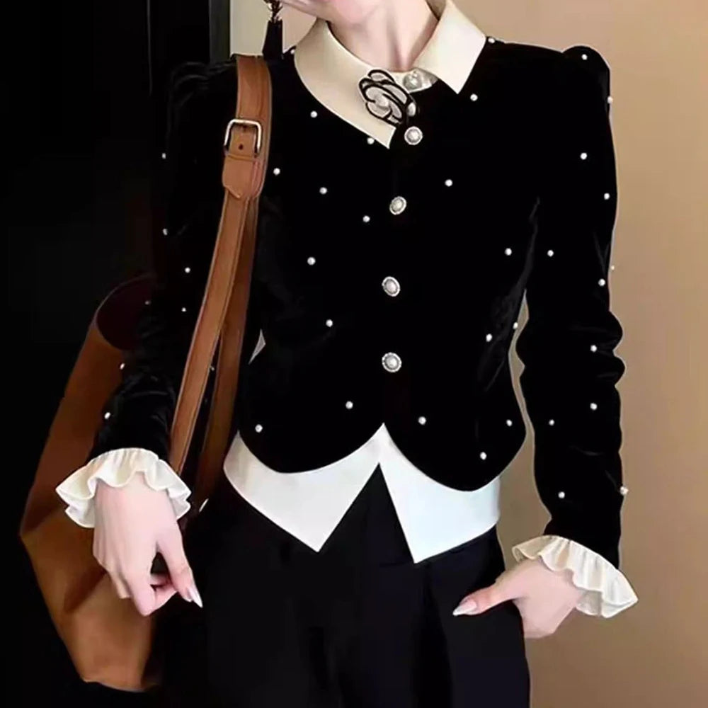 Elegant Single Breasted Long Sleeve Velvet Shirt for Women
