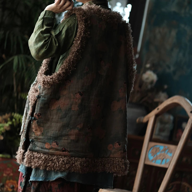 Winter Vintage Cartoon Print Knit Vest Coat for Women