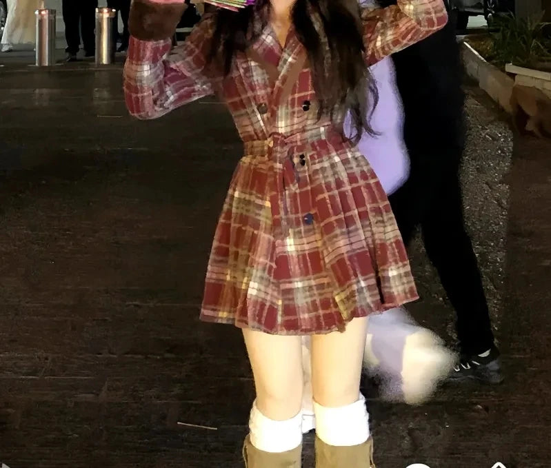 Women's Double Breasted Plaid Coat, Woolen Jacket , V-Neck, Loose Tops, Female Clothes, Sweet, New, Autumn, Winter