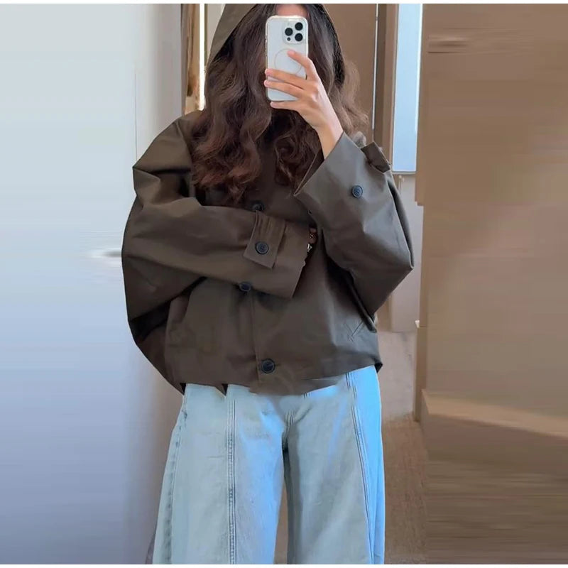 Vintage Single Breasted Women 's Treach Coats Loose Hooded Pockets Full Sleeve Short Jacket Female 2025 Autumn New Lady Outwears