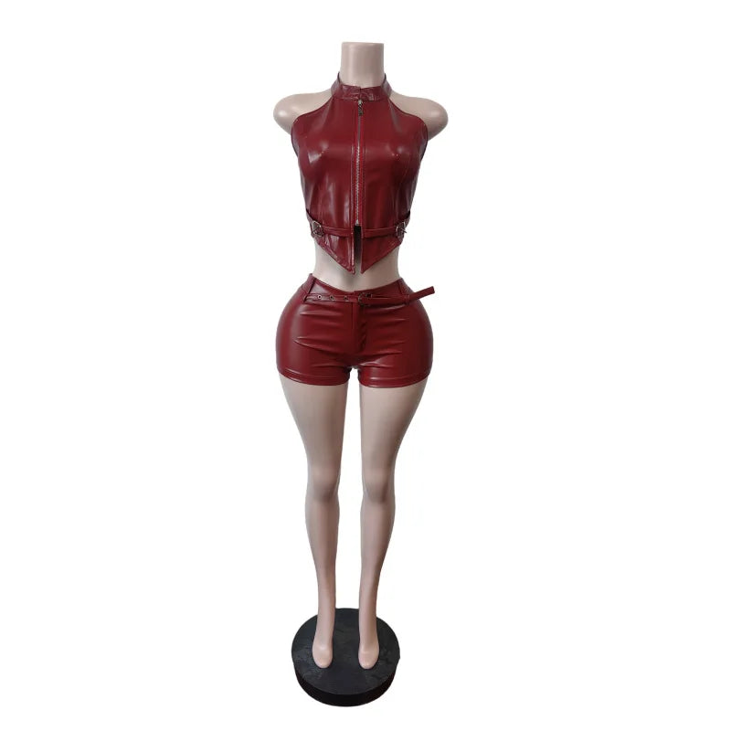 Moto Biker Faux Leather Two Piece Shorts Set for Women