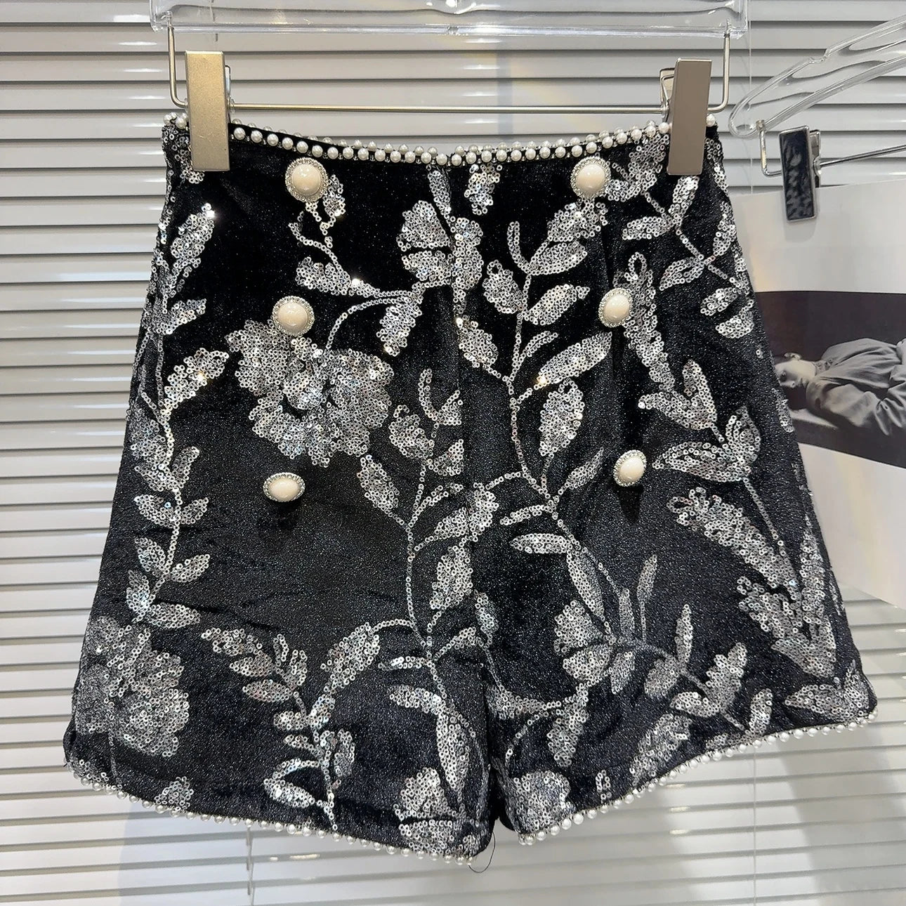 Sequined Embroidered Velvet Shorts