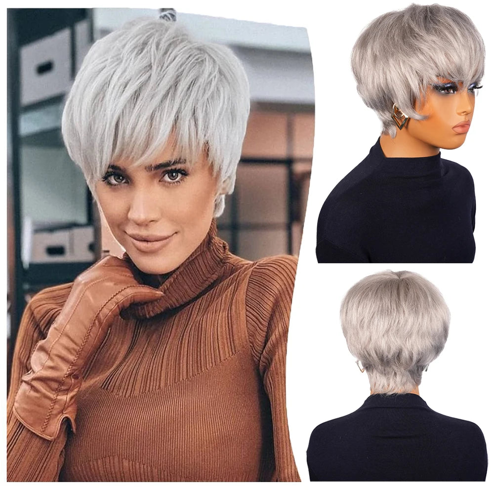Gray Straight Layered Pixie Cut Human Hair Wig for Women
