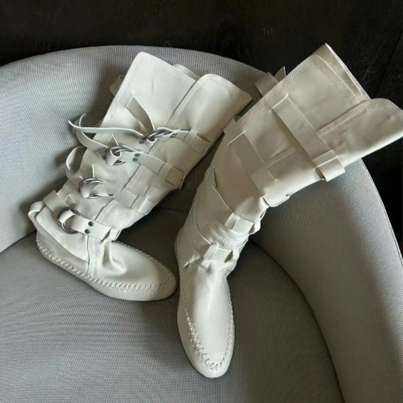 Flat Bottom Real Leather Mid Calf Boots With Metal Buckle For Women