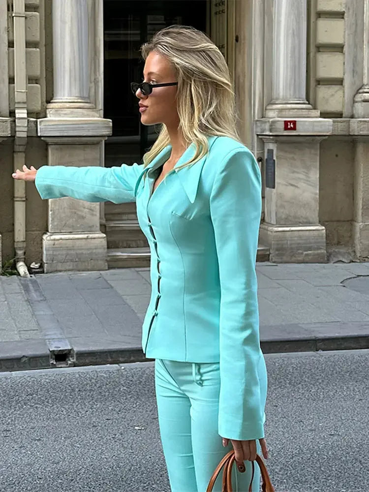 Turn-Down Collar Tailored Blazer Skirt Set for Women
