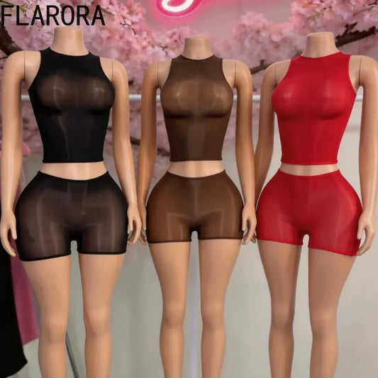 Sheer Mesh Sleeveless Crop Top And Shorts Set for Women