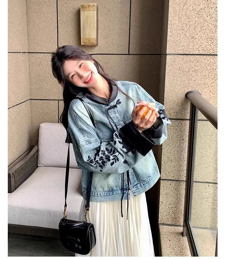 Plus Size Embroidered Denim Jacket