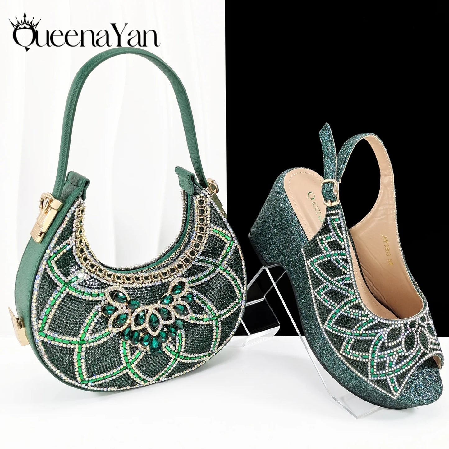 Queena Yan 2025 Italian design full rhinestone detailing comfort platform heels and matching bag Women's Fashion Peep Toe Shoes