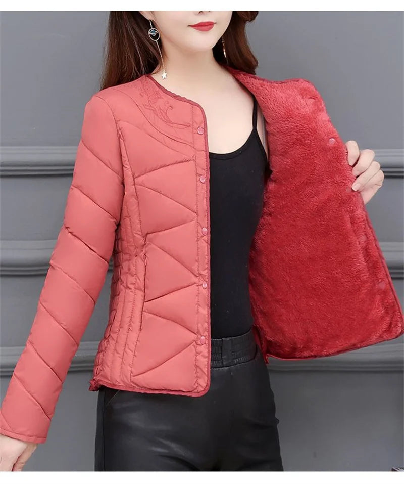 Winter Down Padded Jacket Women's Inner Short Mother's Wear Velvet Thickening Middle-Aged Elderly Mom Wear Pocket Jacket Pink