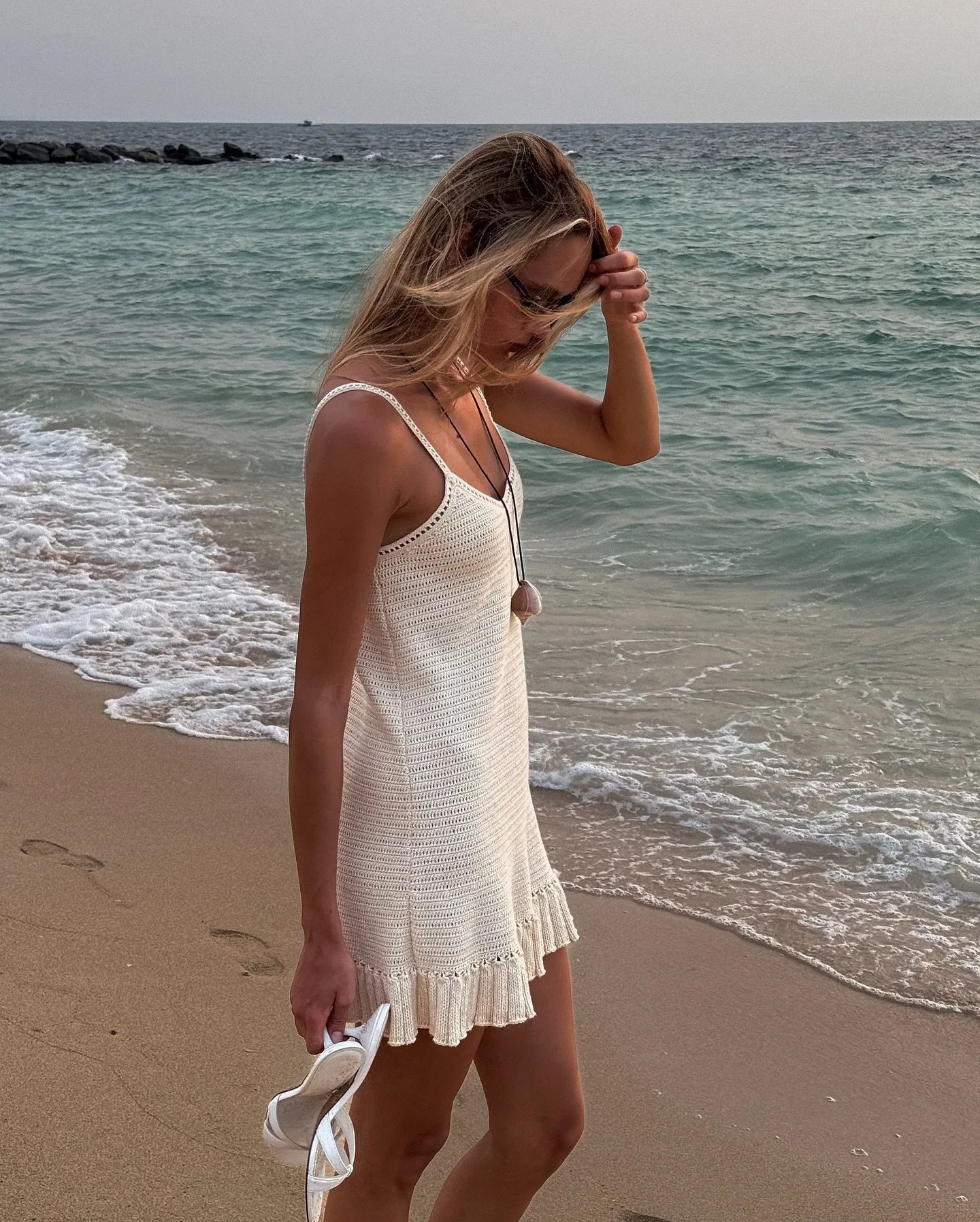 Sexy Crochet Halter V Neck Chic Ruffle Knit Beach Mini Dress 2025 Women Comfy Swimsuit Cover Up Seaside Holiday Club Dresses K58