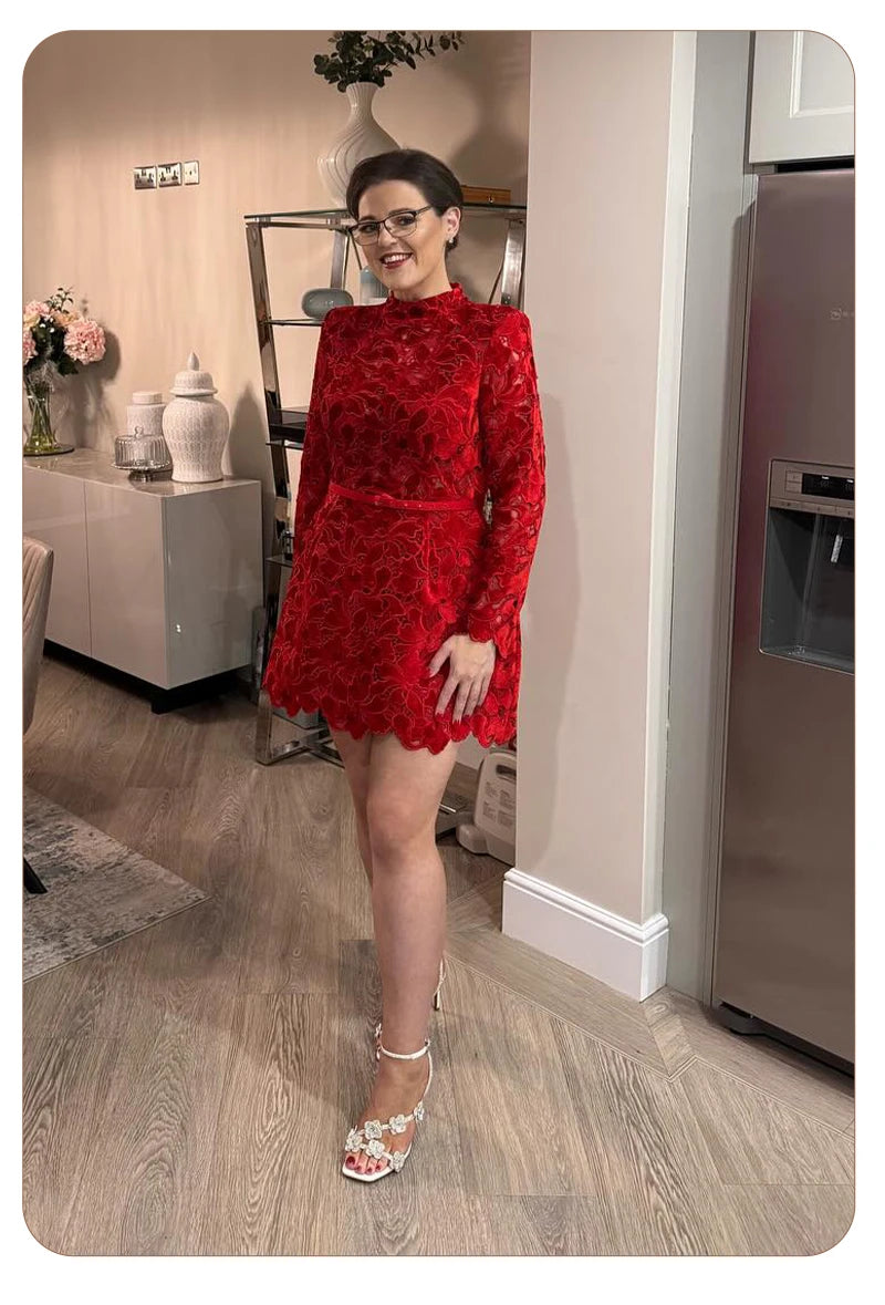 Retro Glamour Red Lace Waist-Cinched Mini Dress for Women