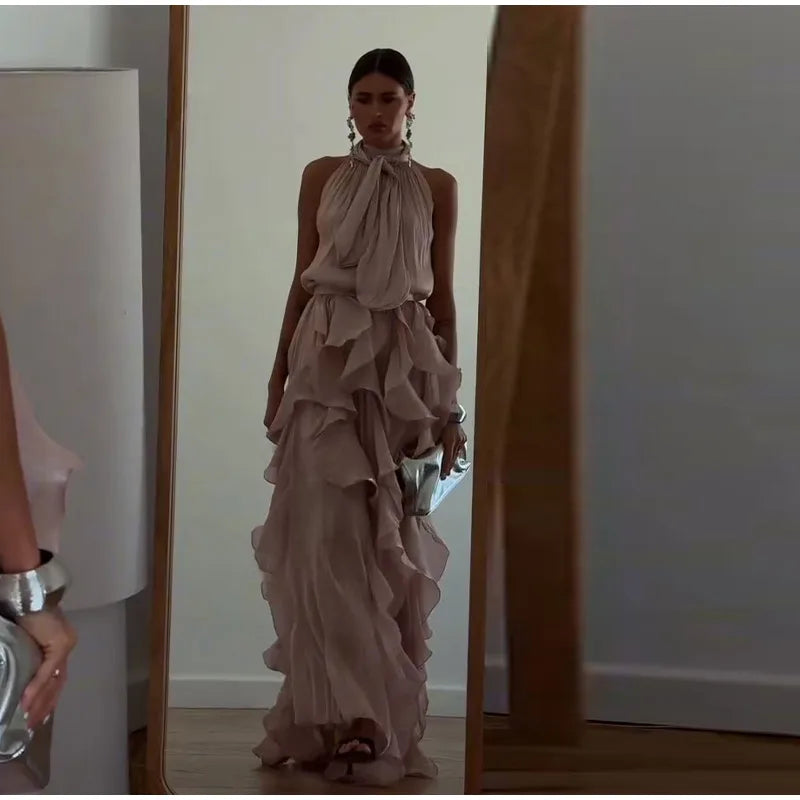 Cascading Ruffle Pleated Maxi Dress with Lace Up for Women