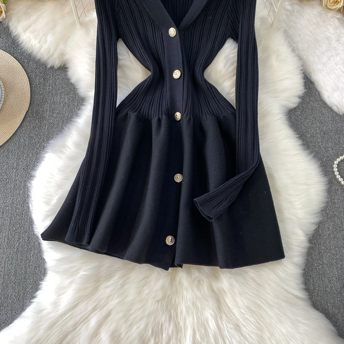 V Neck Knit A Line Long Sleeve Mini Dress for Women