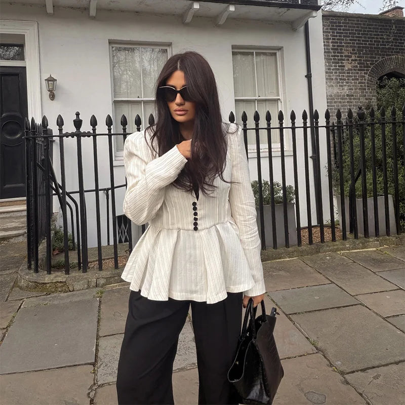 Casual Striped V Neck Ruffle Two Piece Set for Women