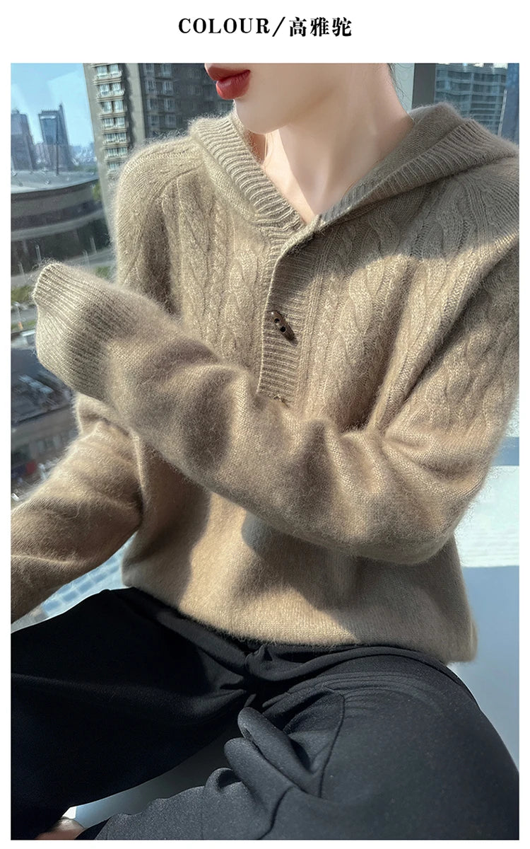 Chunky Knit Loose Hooded Pullover Sweater for Women