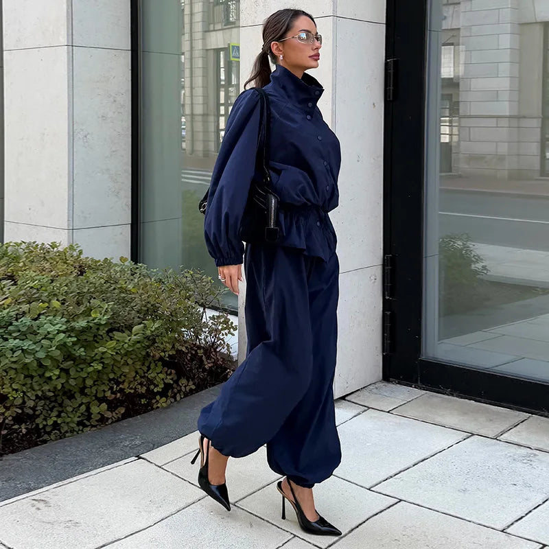 Ruffle Hem Jacket and Jogger Pants Two Piece Set for Women