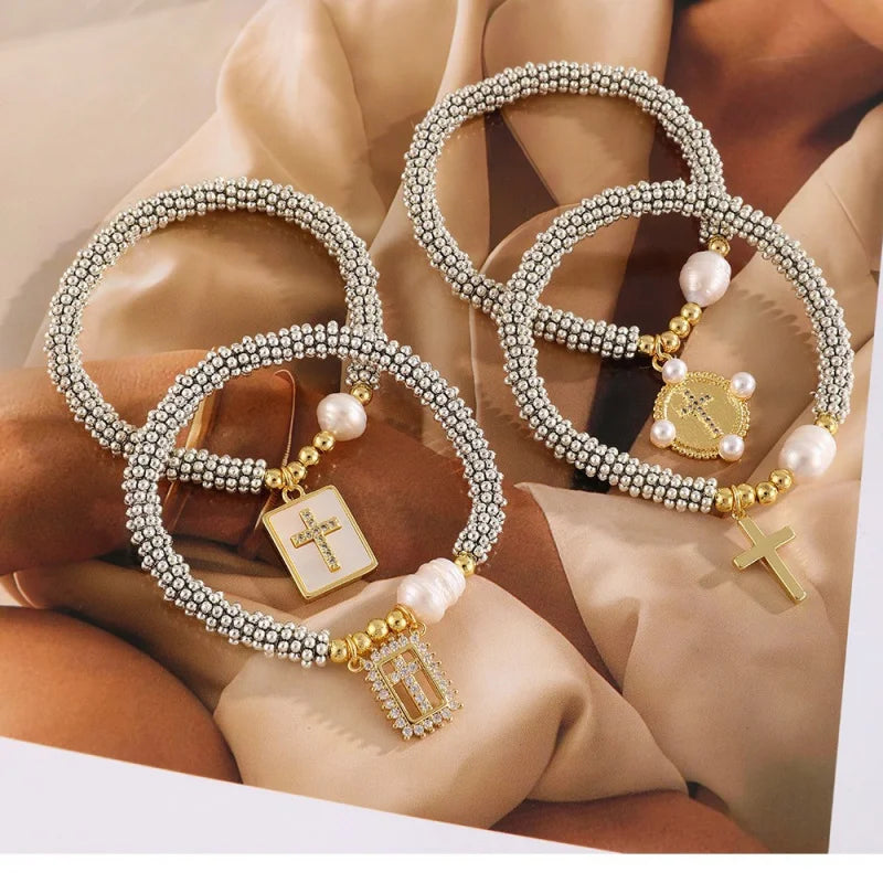 Cubic Zirconia Pearl Cross Bracelet