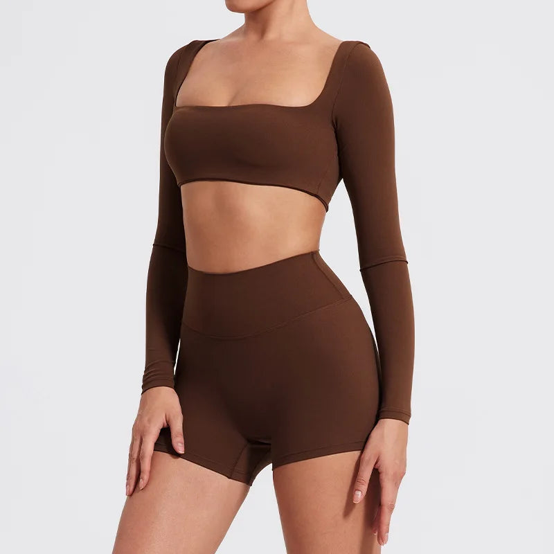 Sporty Solid U-Neck Crop Top and Shorts Two-Piece Set for Women