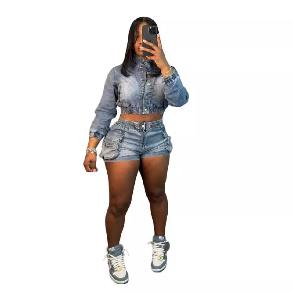 Summer Stretch Two-Piece Denim Shorts Set for Women