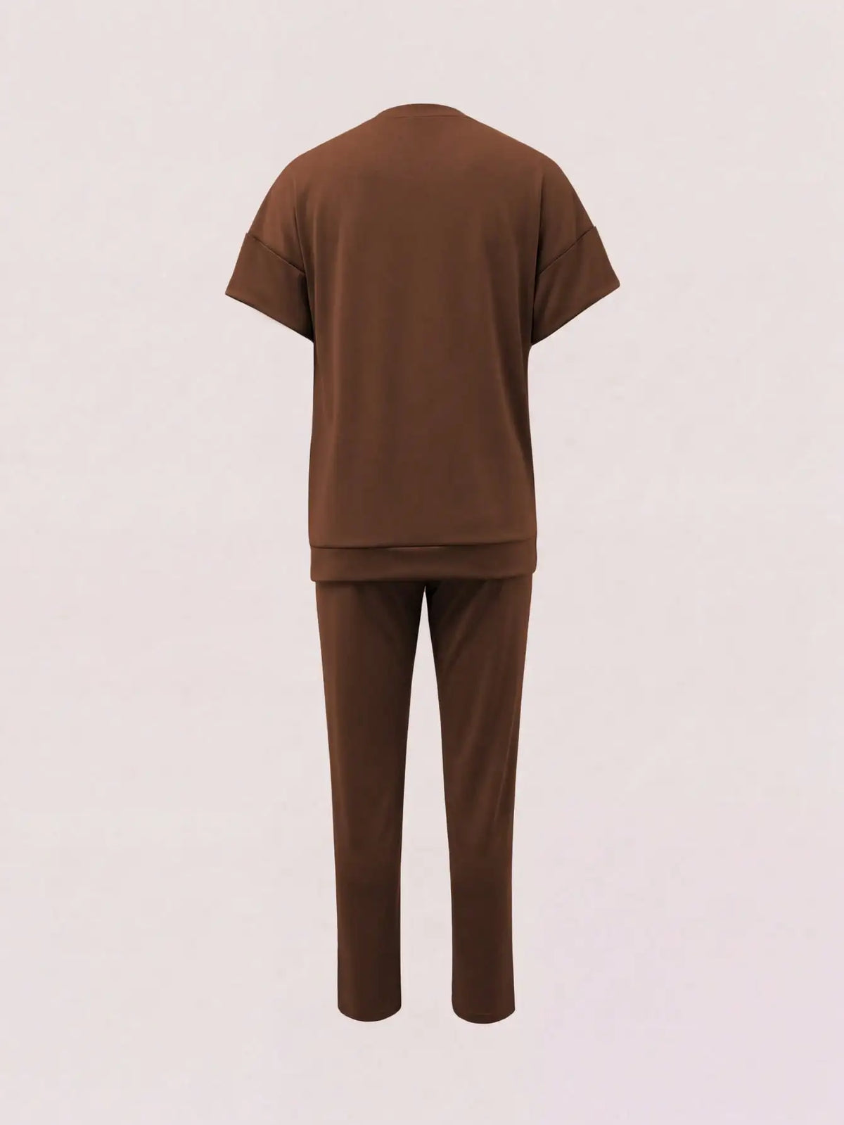 New Spring and Summer Ladies' Set: Comfortable Solid-Color Short-Sleeve Top with Elastic Waist Pocketed Long Pants Two-Piece Set, Soft Stretch Polyester-Acrylic Fabric