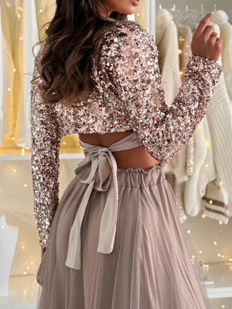 Casual O-neck Lace-up Top & Long Skirt Suit Women Elegant Long Sleeve Puffy Skirt Outfits Fashion Shiny Sequins Women Skirt Suit