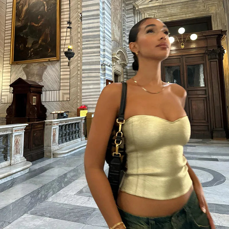 Cryptographic Fashion Vintage Strapless Gold Crop Tops Party Club Outfits for Women Tube Vest Sexy Backless Bustier Tops Y2K