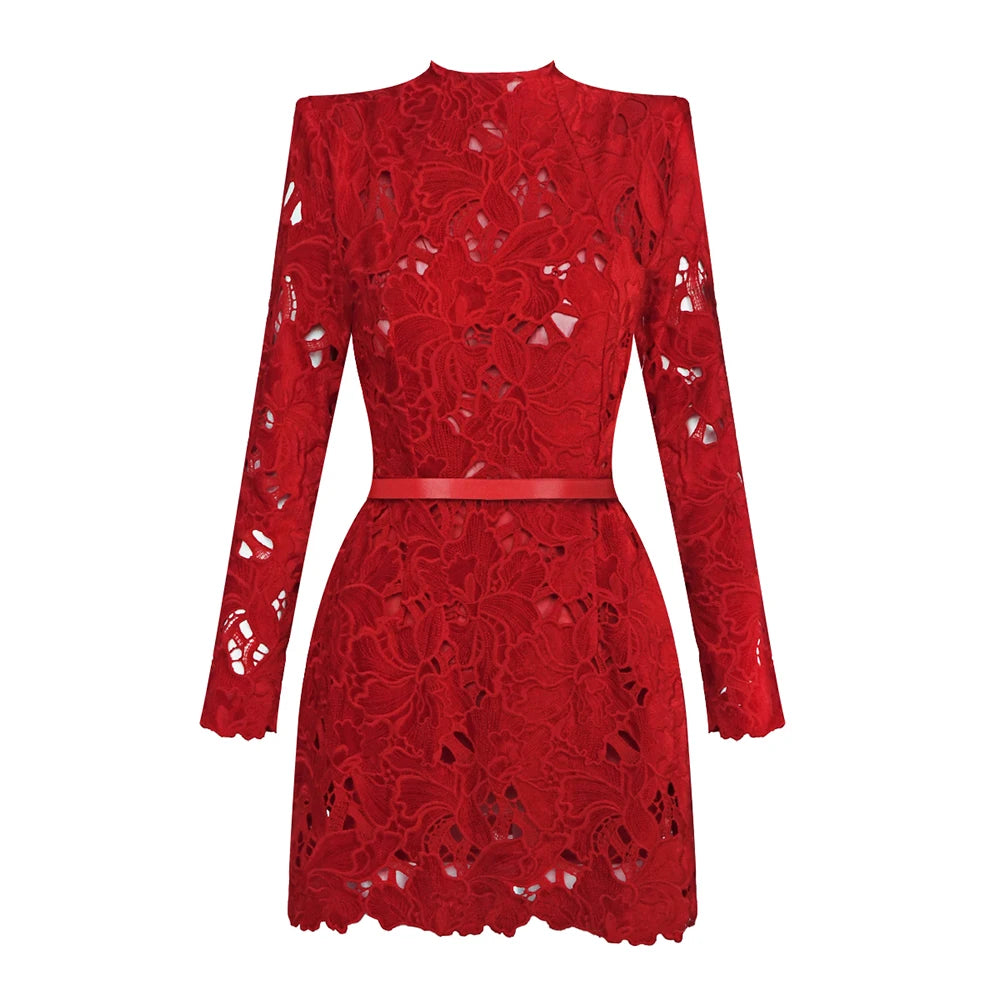Retro Glamour Red Lace Waist-Cinched Mini Dress for Women