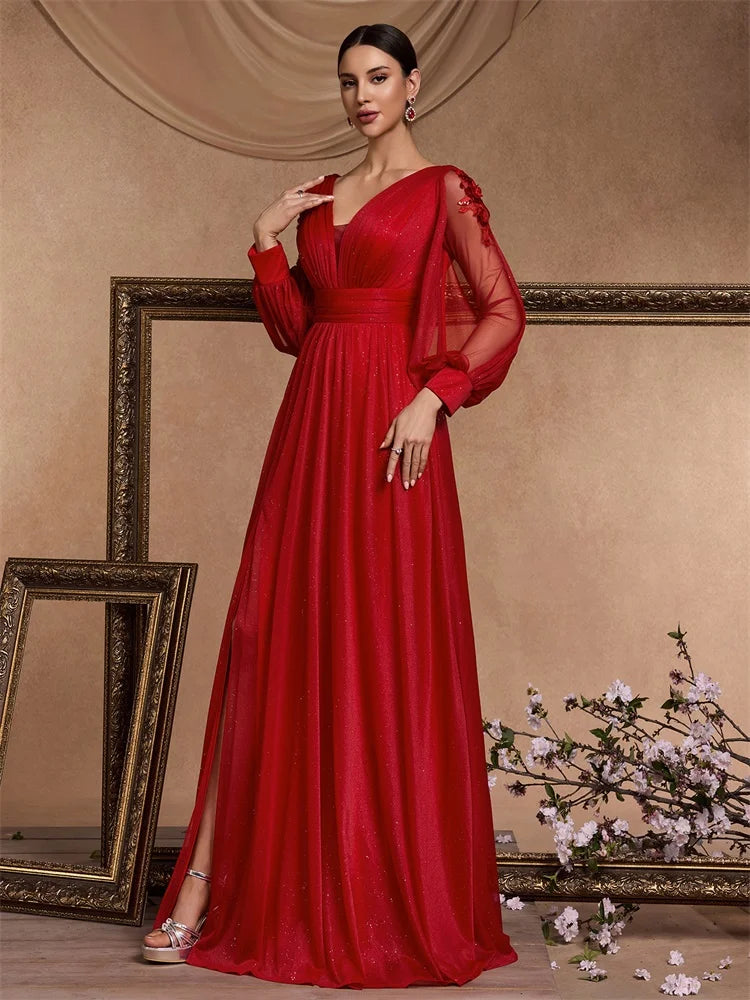 Elegant Slit Formal Applique Chiffon Evening Dress Luxury 2025 Women Long Mermaid V-neck Caicktail Gown Wedding Party Prom